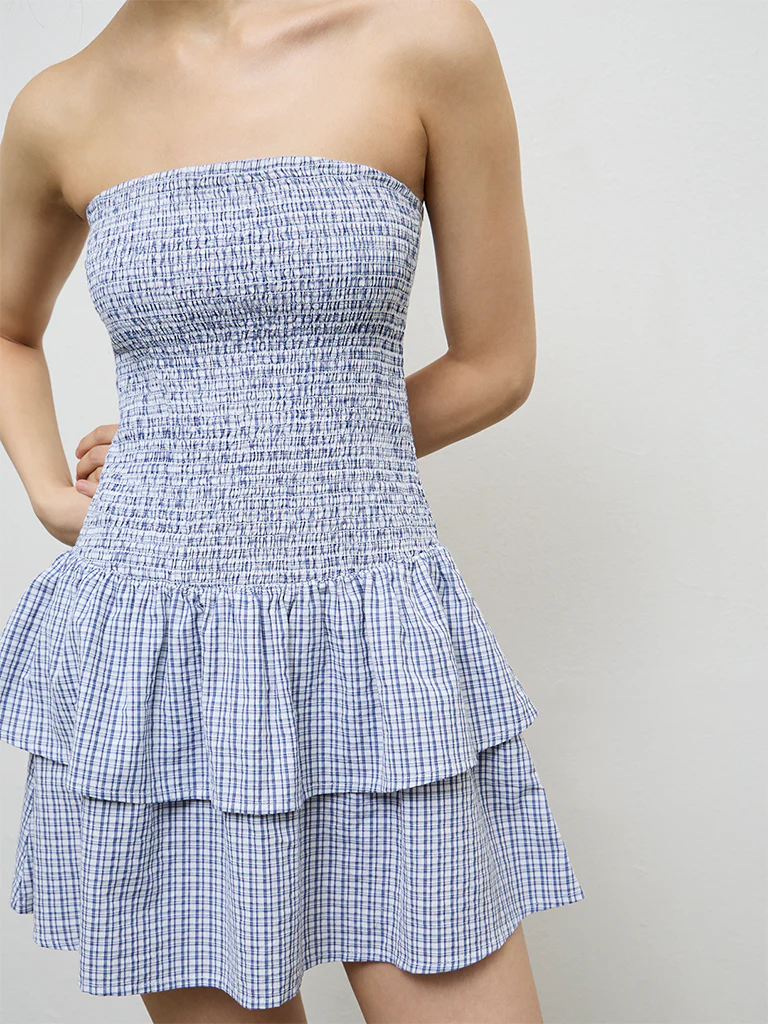 Nuon Navy Checkered Smocked Cotton Tiered Dress - Image 3