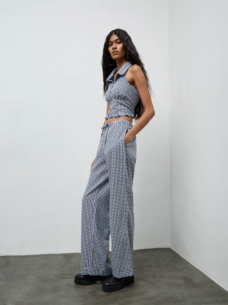 Nuon Navy Checks Printed High-Rise Pants