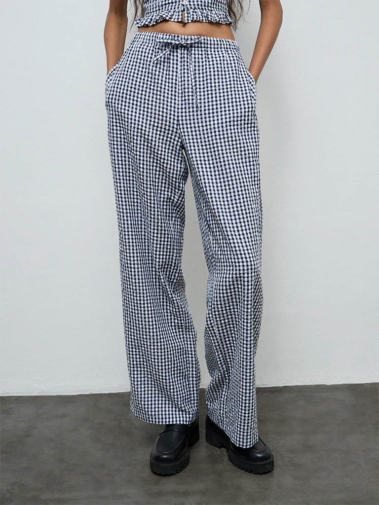 Nuon Navy Checks Printed High-Rise Pants - Image 2