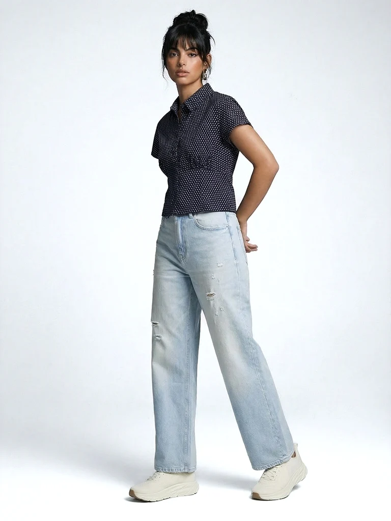 Nuon Navy Cotton Relaxed Top