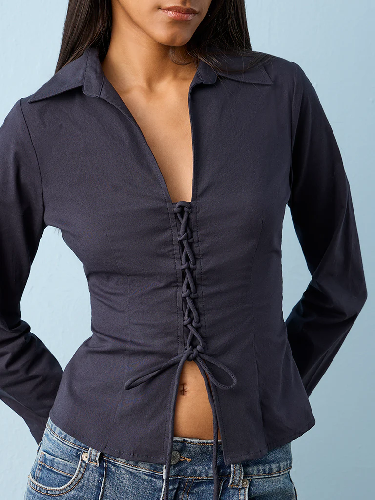Nuon Navy Criss-Cross Detail Blouse - Image 3