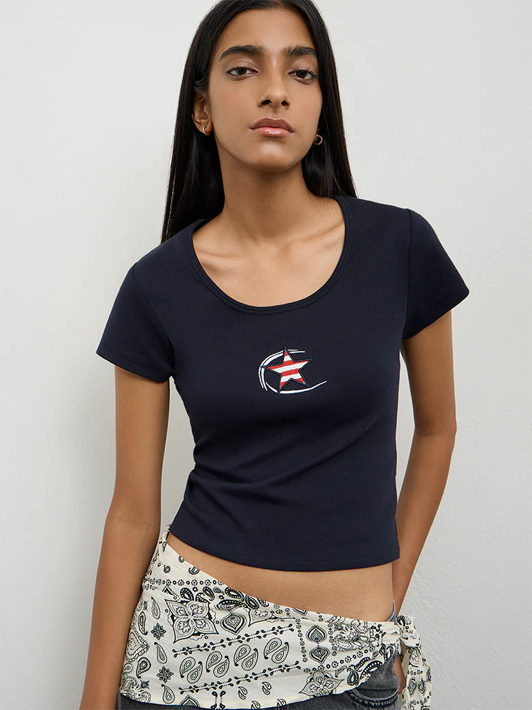 Nuon Navy Graphic Printed Cotton-Blend T-Shirt