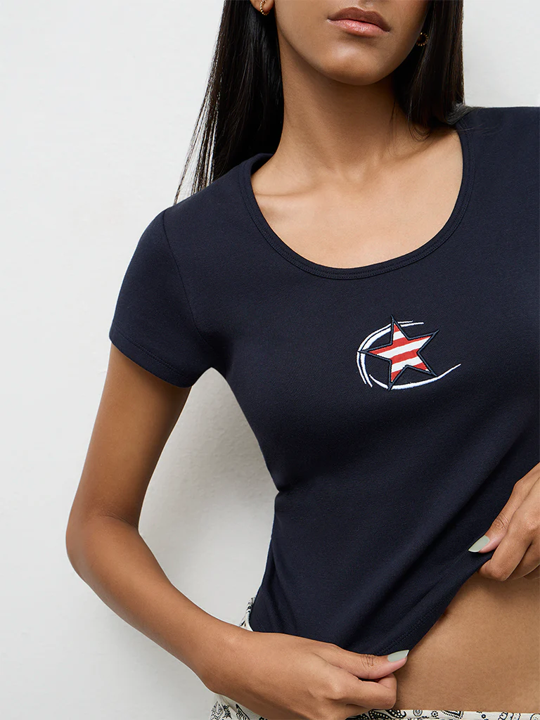 Nuon Navy Graphic Printed Cotton-Blend T-Shirt - Image 3