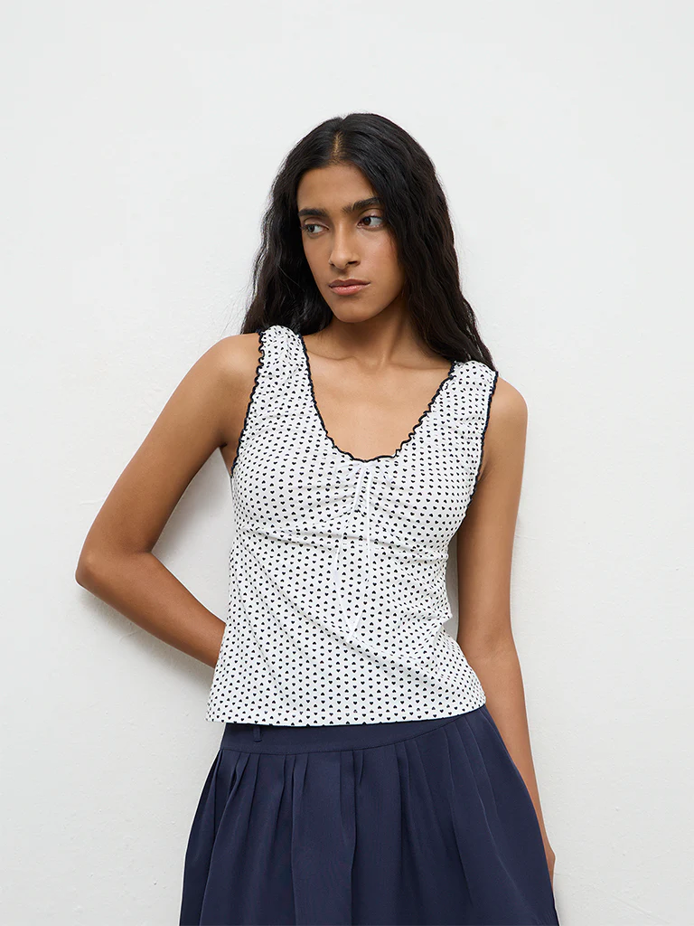 Nuon Navy Heart Printed Cotton-Blend Top