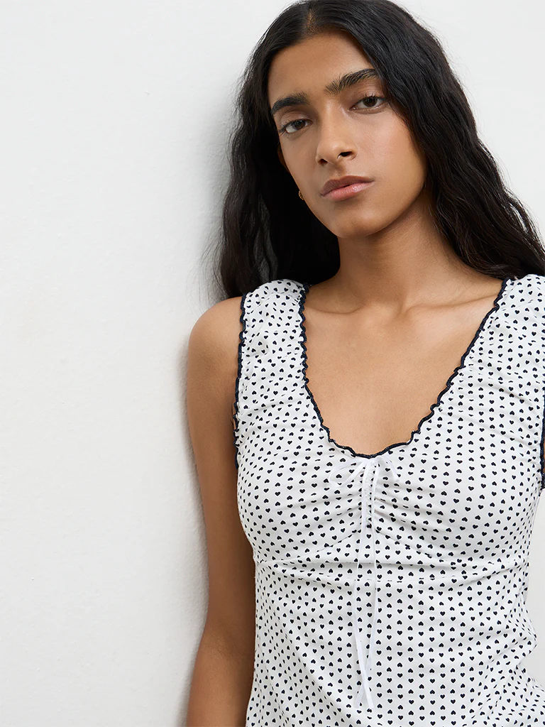 Nuon Navy Heart Printed Cotton-Blend Top - Image 3