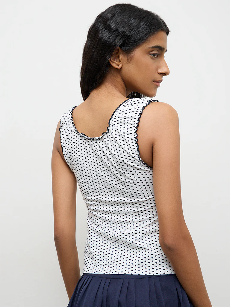Nuon Navy Heart Printed Cotton-Blend Top - Image 4