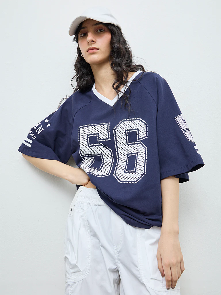 Nuon Navy Numerical Printed Cotton T-Shirt