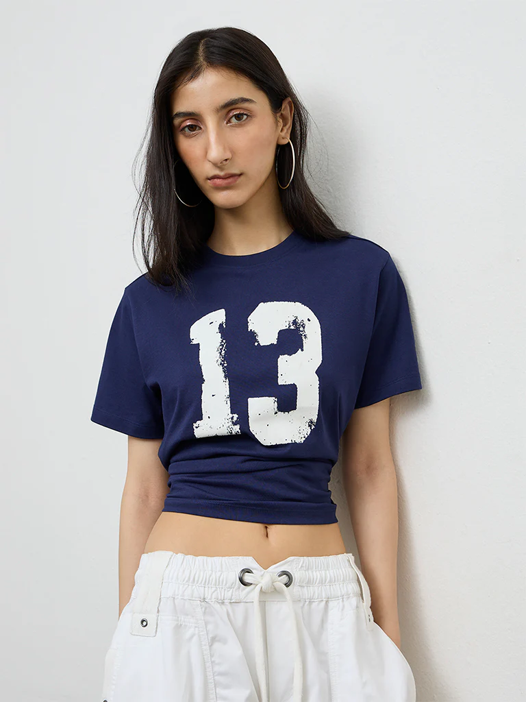Nuon Navy Numerical Printed Cotton T-Shirt