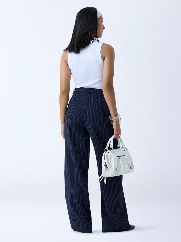Nuon Navy Pinstripe High-Rise Trousers - Image 4
