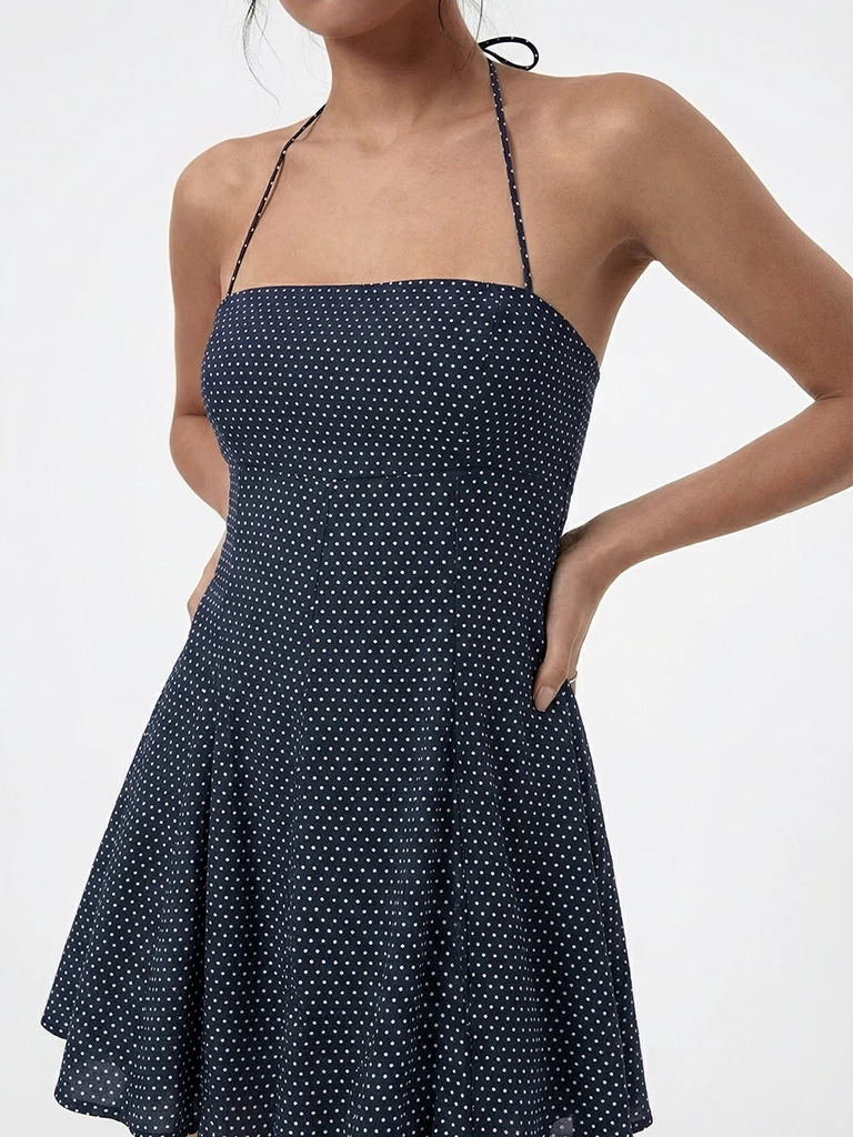 Nuon Navy Polka Dot Halter-Neck A-Line Dress - Image 2