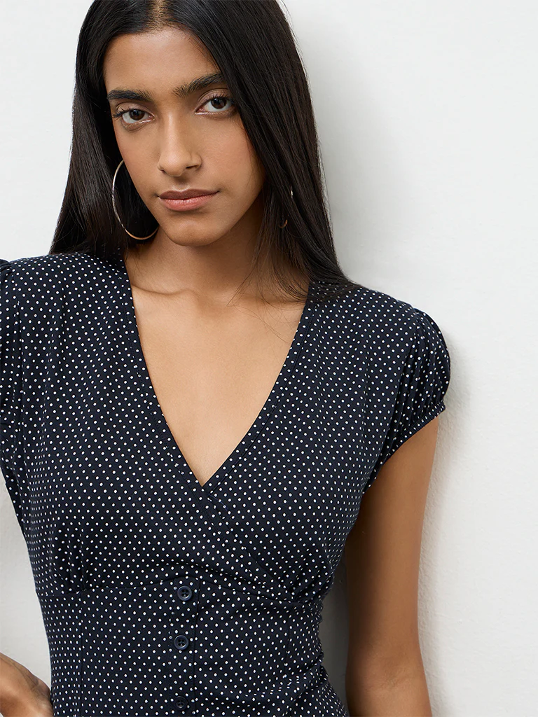 Nuon Navy Polka-Dot Printed Cotton-Blend A-Line Dress - Image 3