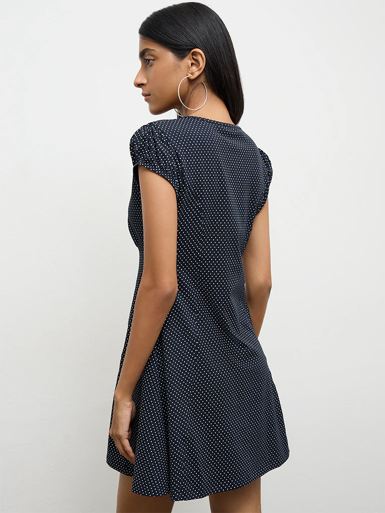 Nuon Navy Polka-Dot Printed Cotton-Blend A-Line Dress - Image 4