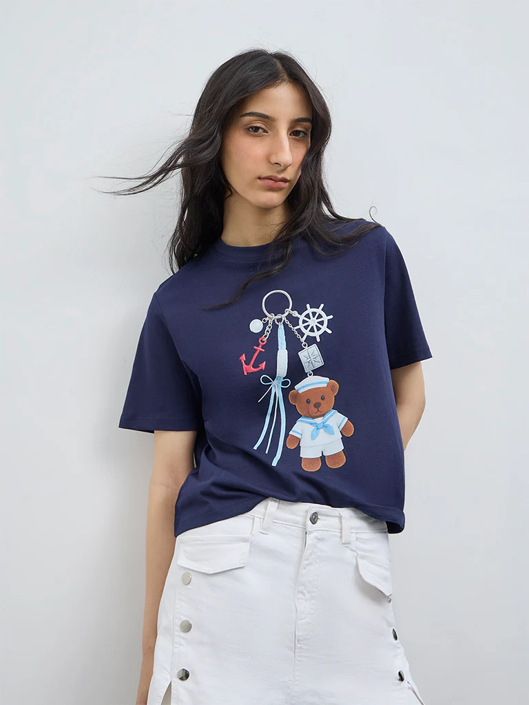 Nuon Navy Printed Cotton T-Shirt
