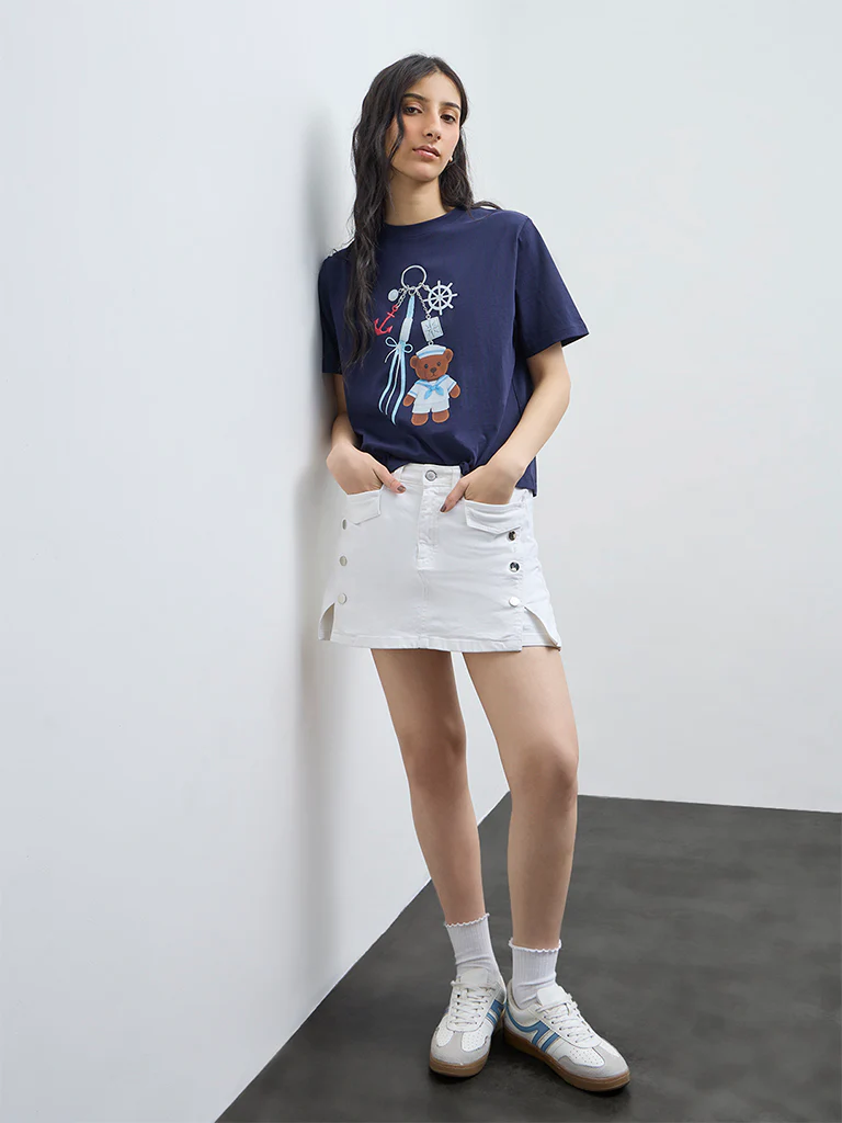 Nuon Navy Printed Cotton T-Shirt - Image 2