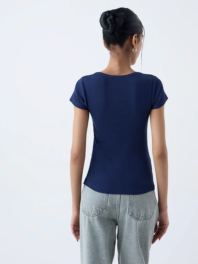 Nuon Navy Ribbed Cotton-Blend T-Shirt - Image 4