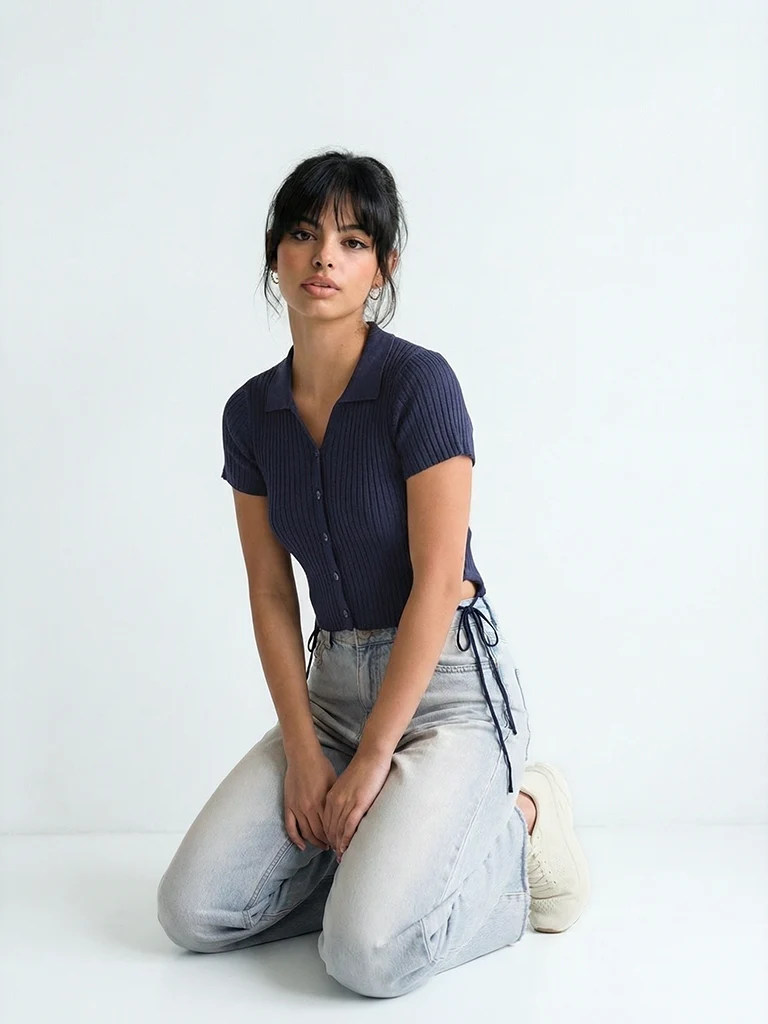 Nuon Navy Ribbed Side-Tie Top - Image 2
