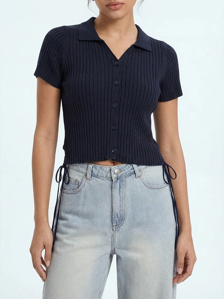 Nuon Navy Ribbed Side-Tie Top - Image 3