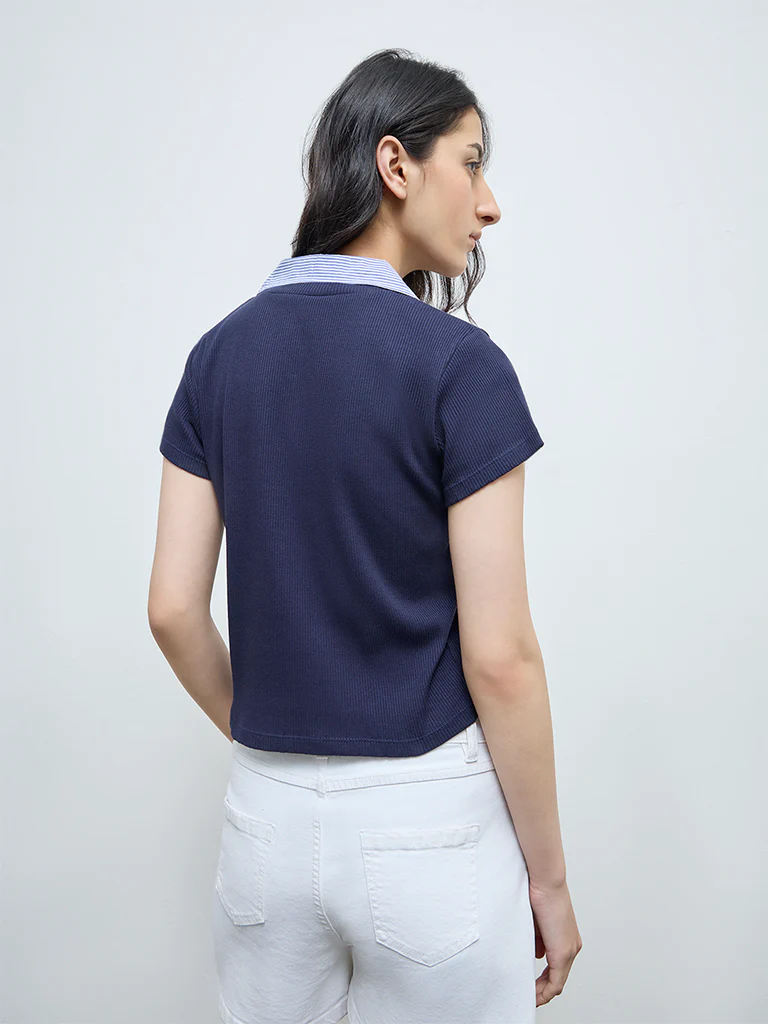 Nuon Navy Ribbed-Textured T-Shirt - Image 4
