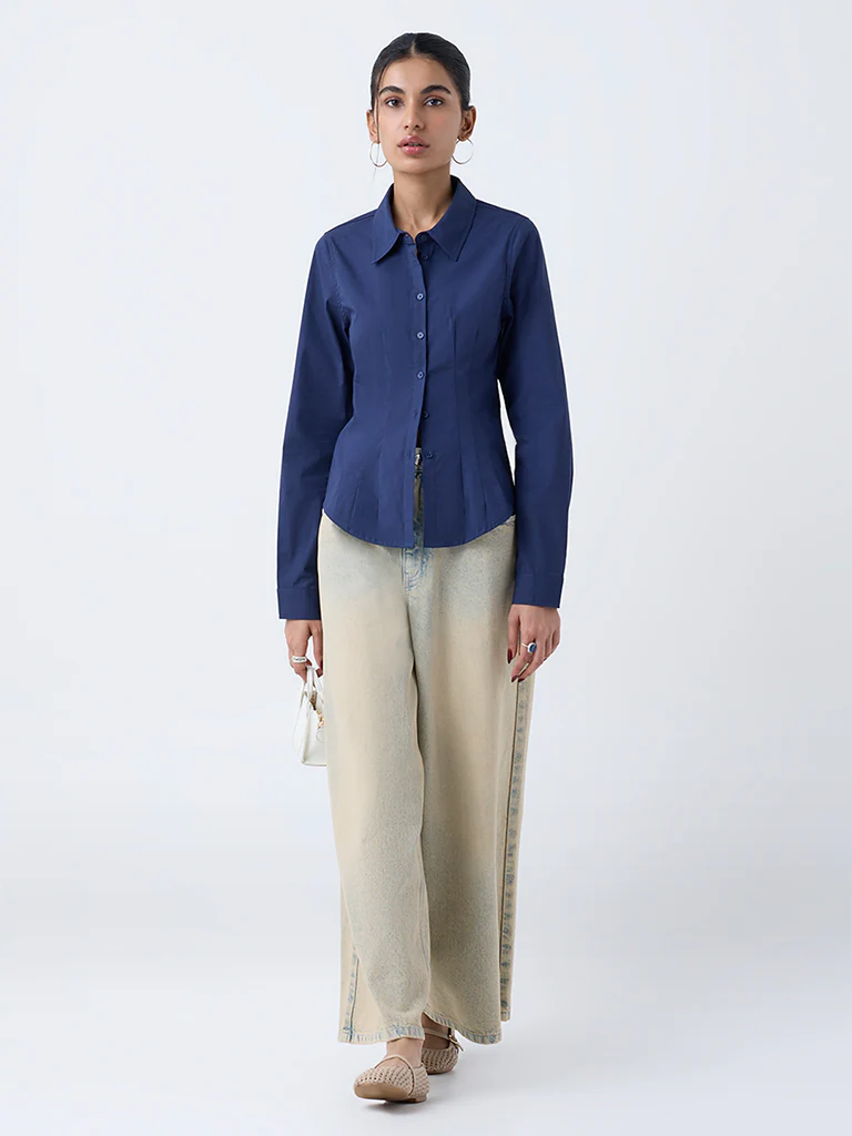 Nuon Navy Solid Cotton-Blend Shirt - Image 2
