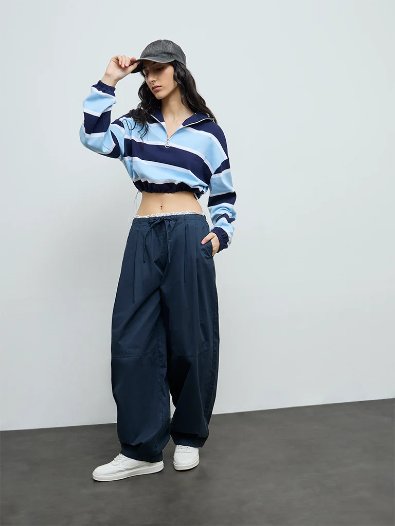 Nuon Navy Solid High-Rise Cotton Pants