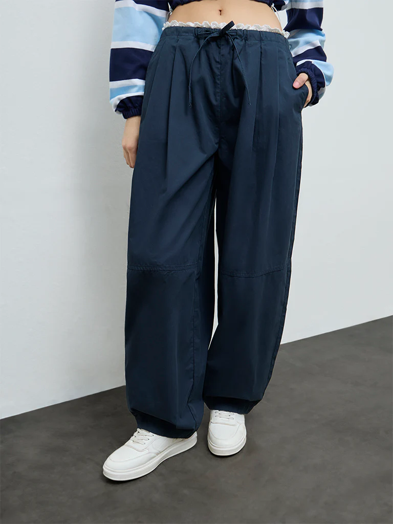 Nuon Navy Solid High-Rise Cotton Pants - Image 2