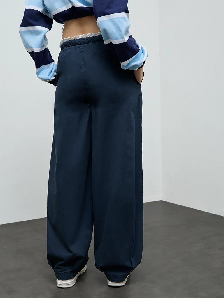 Nuon Navy Solid High-Rise Cotton Pants - Image 4