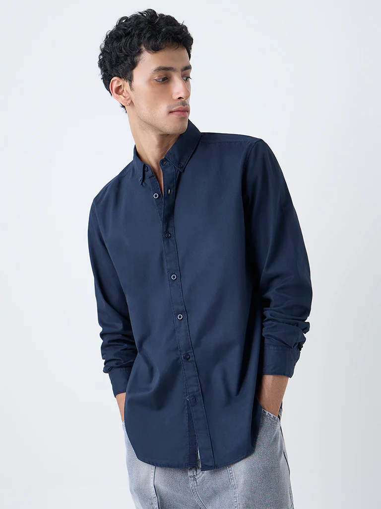 Nuon Navy Solid Slim-Fit Cotton Shirt - Image 3