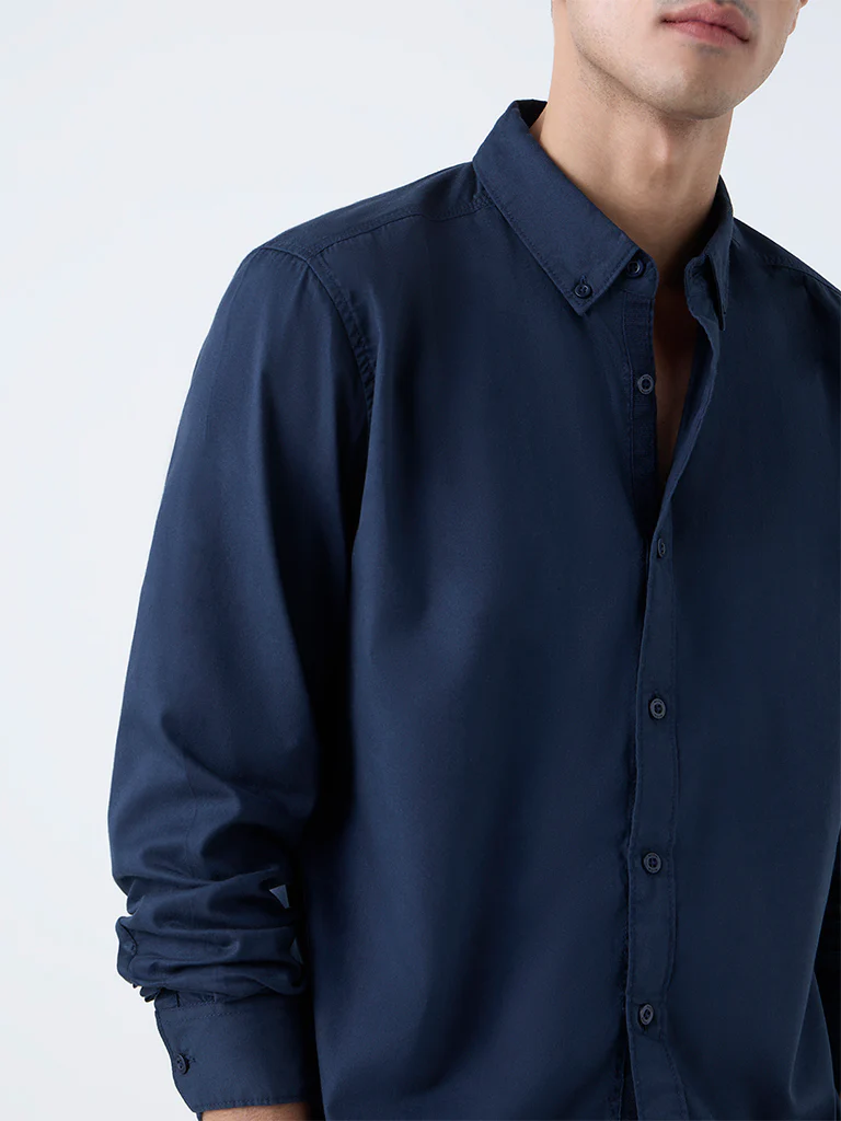 Nuon Navy Solid Slim-Fit Cotton Shirt - Image 4