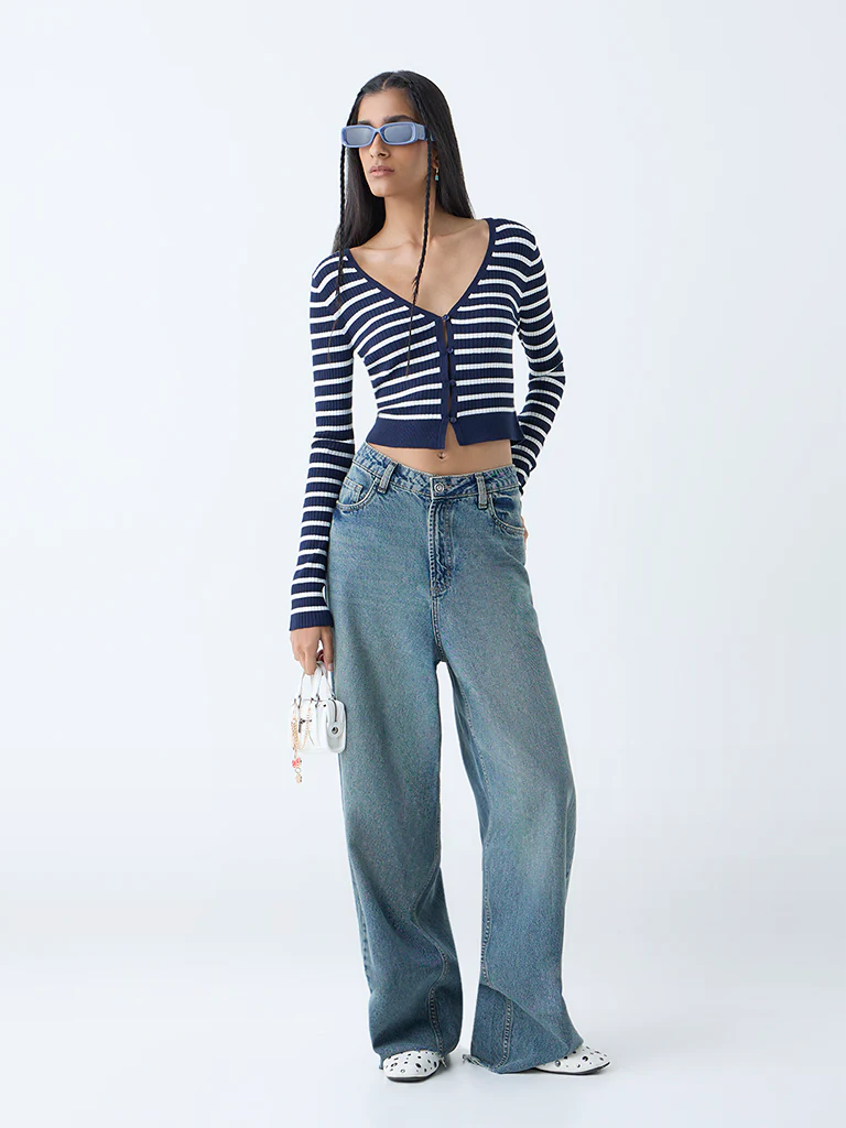 Nuon Navy Stripe Patterned Top - Image 2