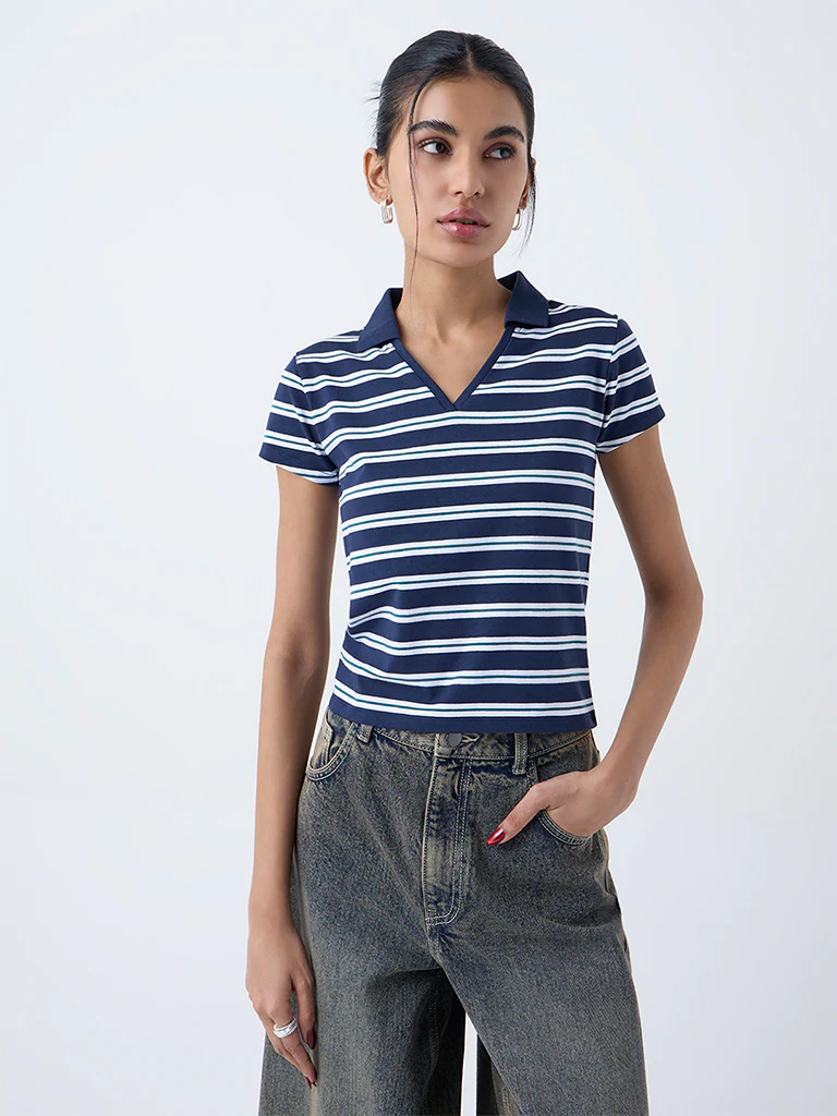 Nuon Navy Striped Cotton-Blend T-Shirt - Image 2