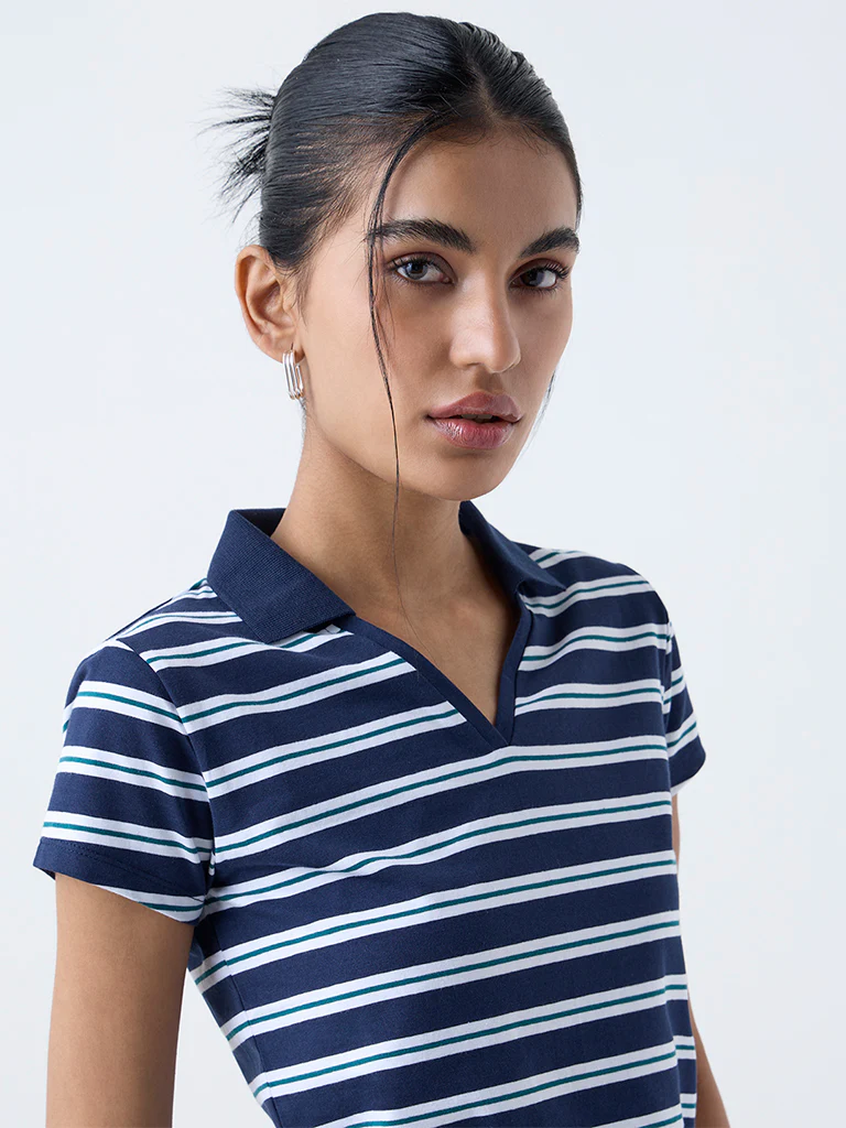 Nuon Navy Striped Cotton-Blend T-Shirt - Image 3