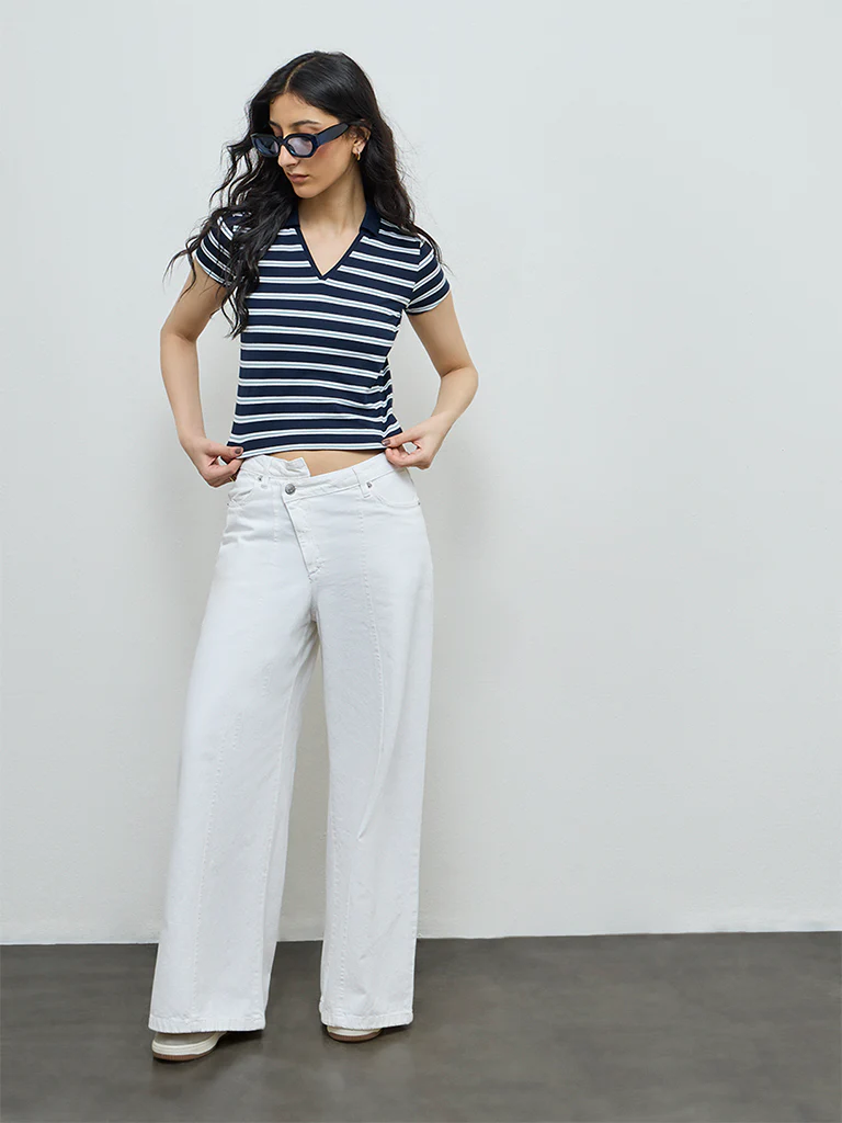 Nuon Navy Striped Cotton-Blend T-Shirt - Image 2
