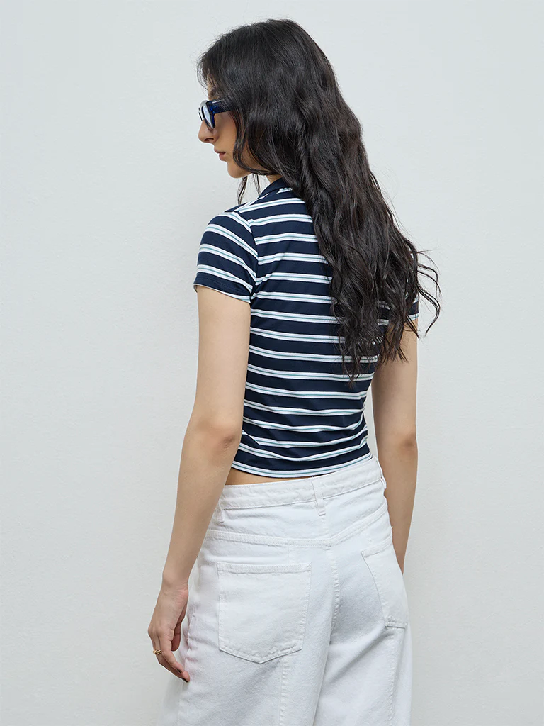 Nuon Navy Striped Cotton-Blend T-Shirt - Image 4