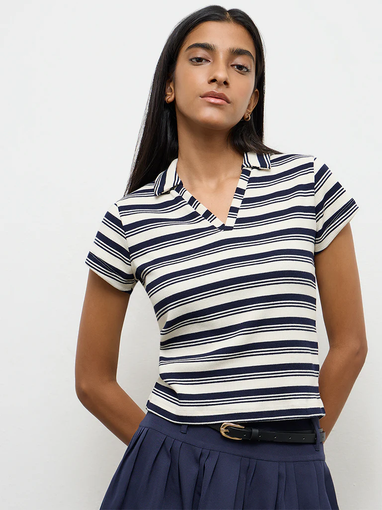 Nuon Navy Striped Cotton-Blend T-Shirt