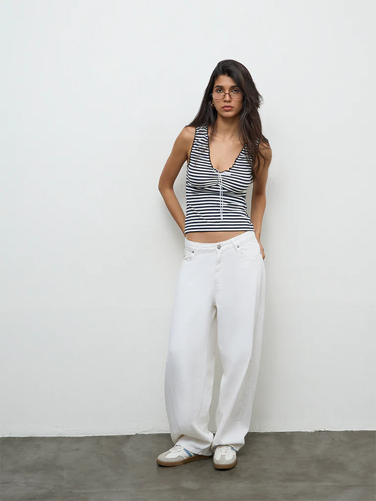 Nuon Navy Striped Cotton-Blend Top