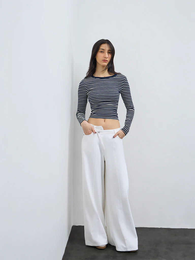 Nuon Navy Striped Pattern Cotton-Blend Top - Image 2