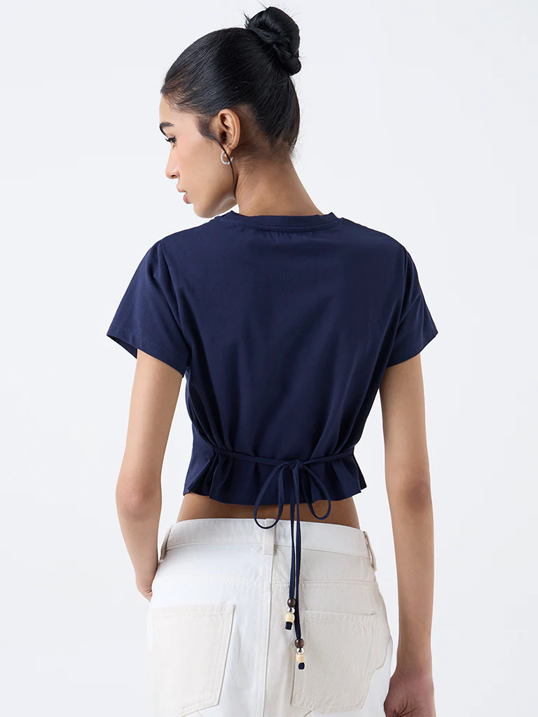 Nuon Navy Text-Design Cotton-Blend T-Shirt - Image 4