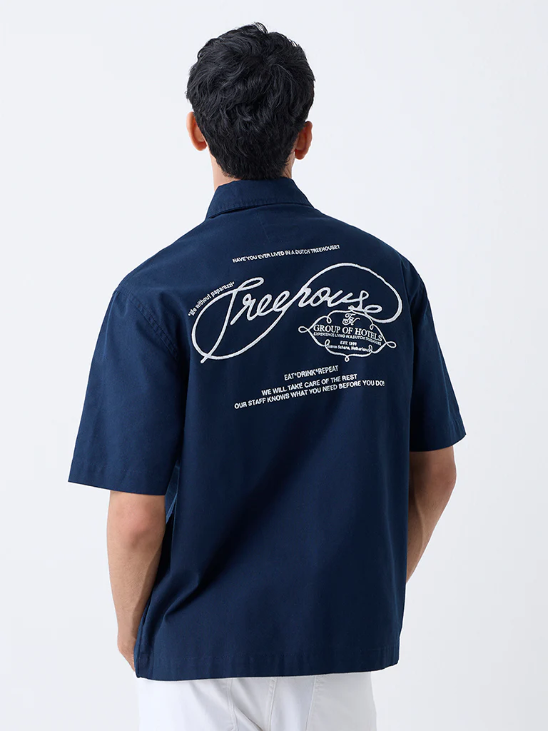 Nuon Navy Text Embroidered Relaxed-Fit Cotton Jacket - Image 4