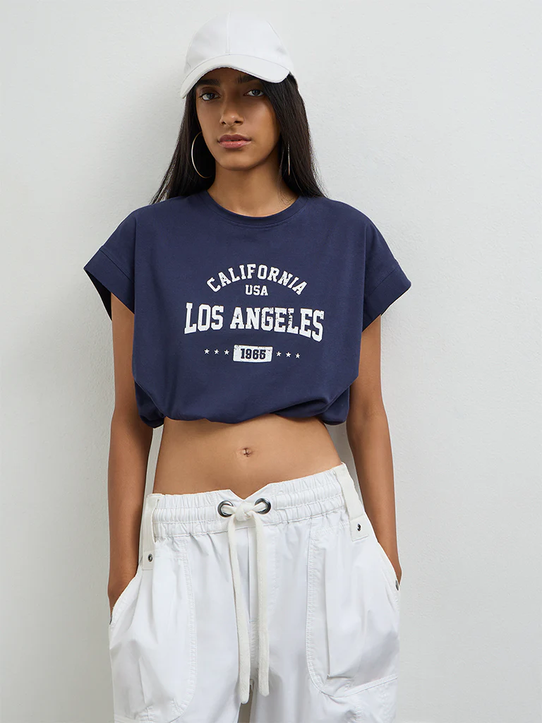Nuon Navy Text-Printed Cotton-Blend T-Shirt - Image 2