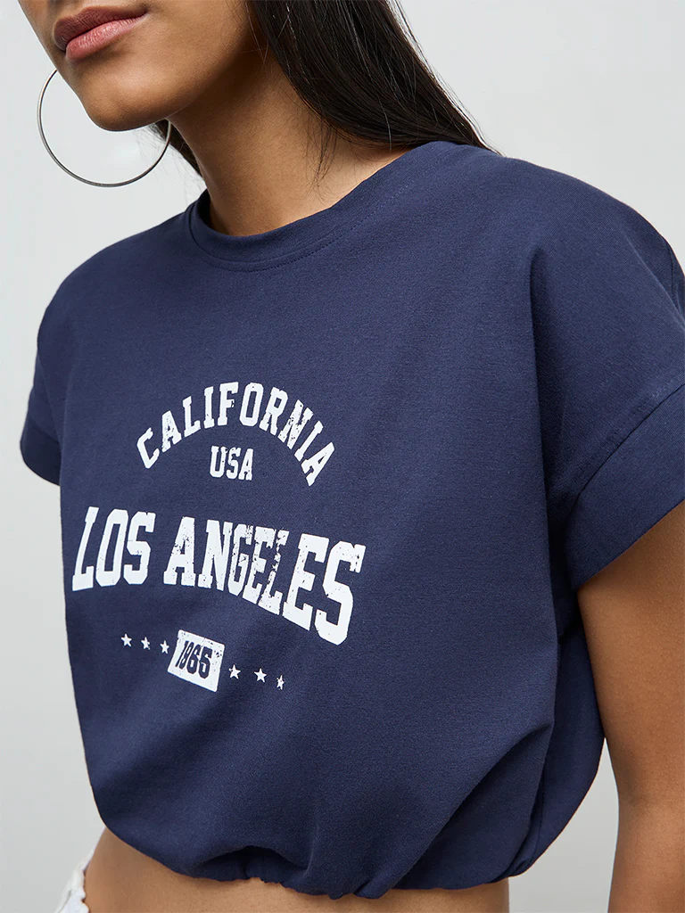 Nuon Navy Text-Printed Cotton-Blend T-Shirt - Image 3