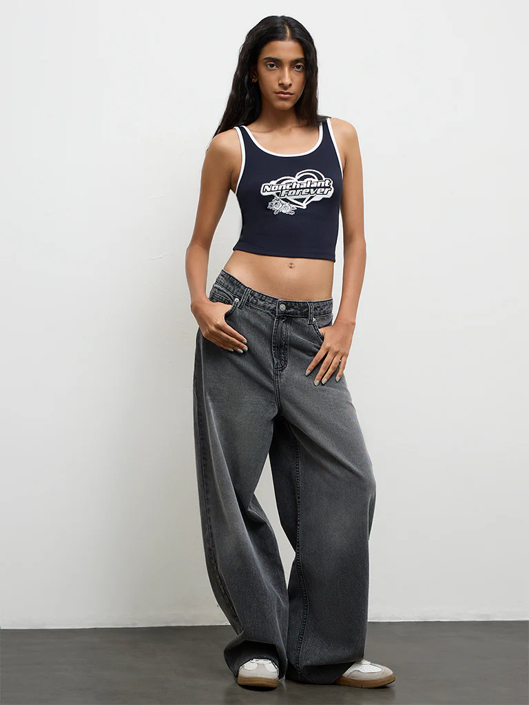Nuon Navy Text Printed Cotton-Blend Top - Image 2