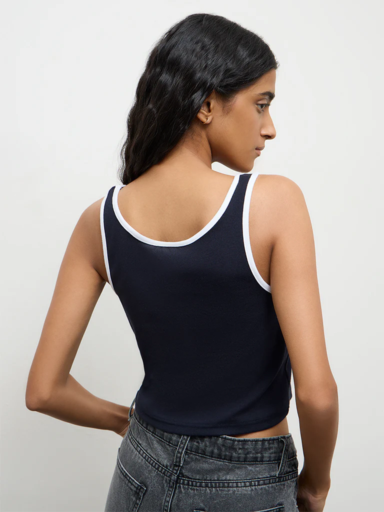 Nuon Navy Text Printed Cotton-Blend Top - Image 4