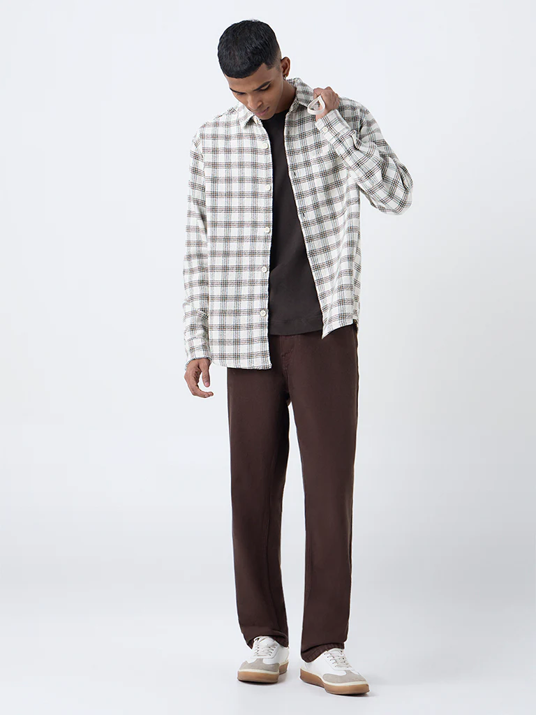 Nuon Off-White Check Design Relaxed-Fit Cotton Shirt