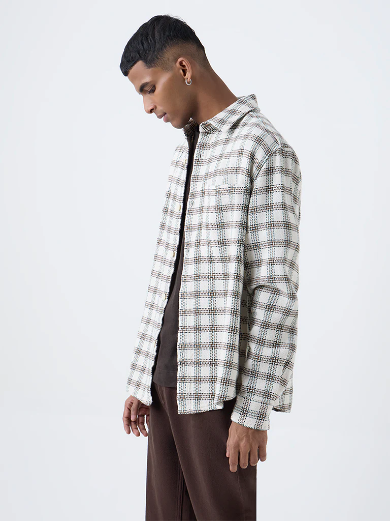 Nuon Off-White Check Design Relaxed-Fit Cotton Shirt - Image 2