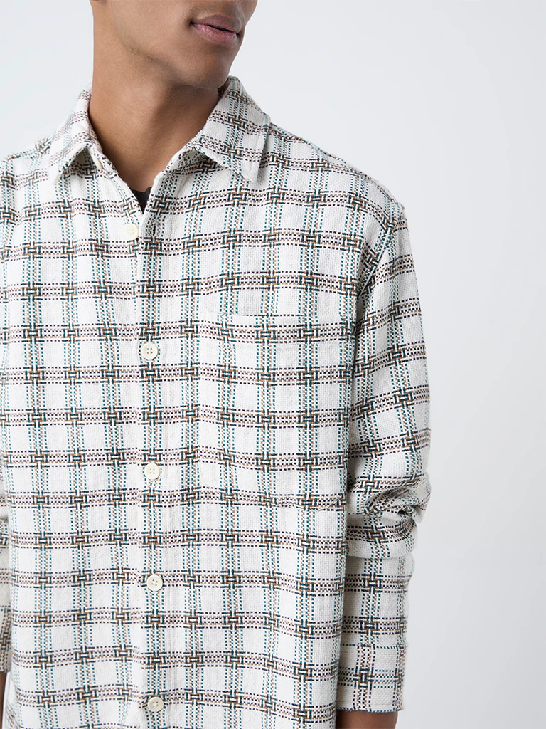 Nuon Off-White Check Design Relaxed-Fit Cotton Shirt - Image 3