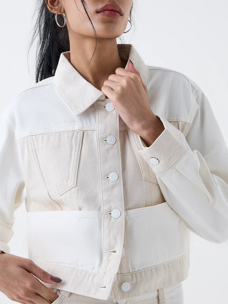 Nuon Off-White Colour-Block Denim Jacket - Image 3
