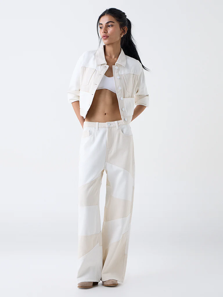 Nuon Off-White Colour-Block High-Rise Cotton Jeans