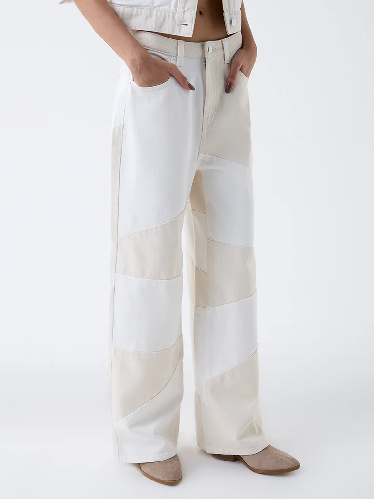 Nuon Off-White Colour-Block High-Rise Cotton Jeans - Image 2