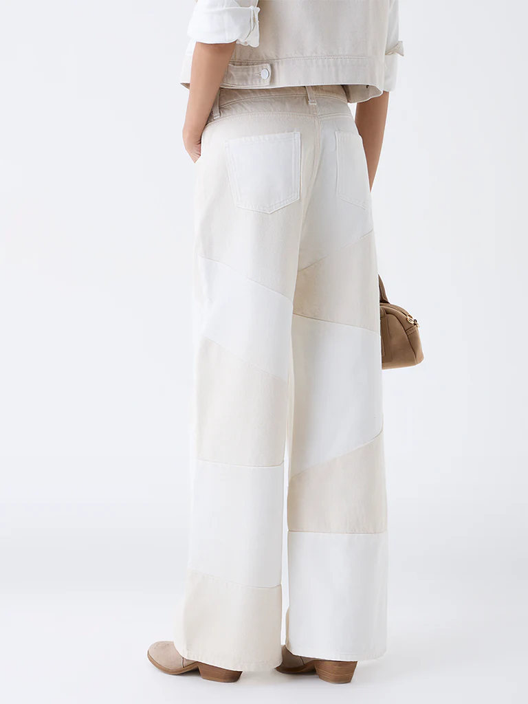 Nuon Off-White Colour-Block High-Rise Cotton Jeans - Image 4