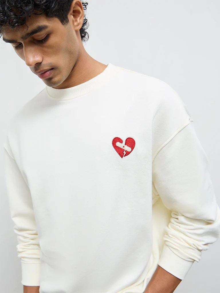 Nuon Off-White Embroidered Relaxed-Fit Cotton Sweatshirt - Image 3